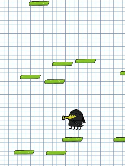Doodle Jump character above green platforms on graph paper