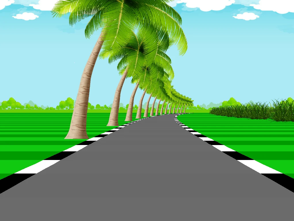 Outrun road receding toward hills with roadside trees