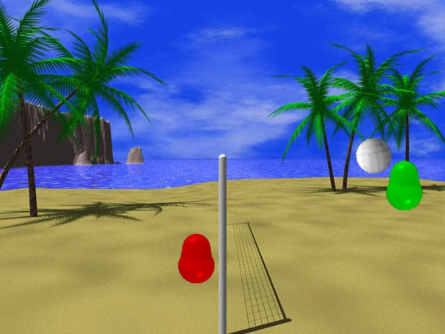 Red and green volleyball players beside a beach net